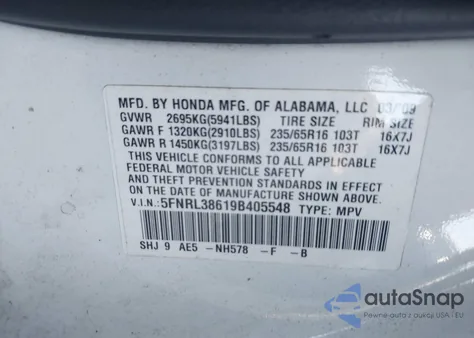 2009 Honda Odyssey Ex-L z USA, uszkodzony, nr VIN 5FNRL38619B405548